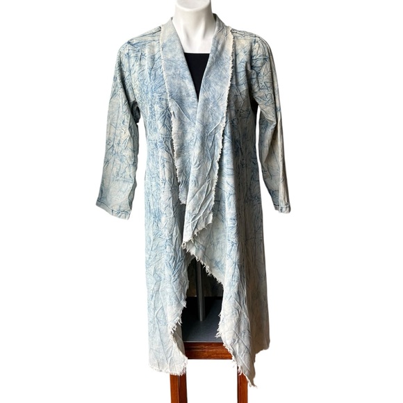 Thrill Tops - Vintage THRILL Lightweight Acid Wash Denim Duster Fringe Edges Hippie Festival